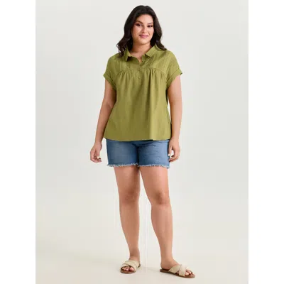 Bloomchic Collared Plain Pleated Half-placket Blouse In Green