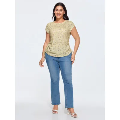 Bloomchic Micro Floral Print Adjustable Side Drawstring T-shirt In Gold