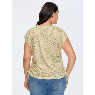Bloomchic Micro Floral Print Adjustable Side Drawstring T-shirt In Gold