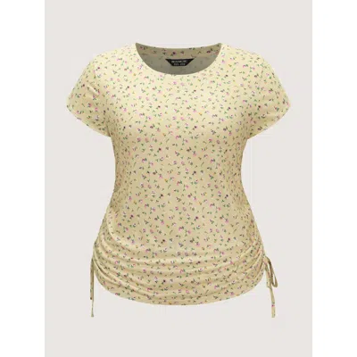 Bloomchic Micro Floral Print Adjustable Side Drawstring T-shirt In Gold
