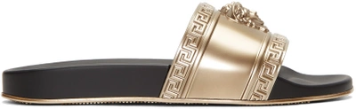 Shop Versace Gold Medusa Slide Sandals In D914 Gold/black
