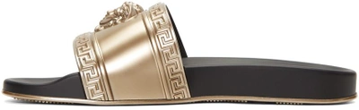 Shop Versace Gold Medusa Slide Sandals In D914 Gold/black
