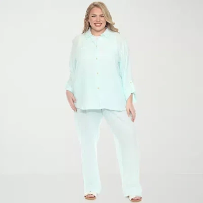 White Mark Plus Size Long Sleeve Button Down Cotton Gauze Set In Blue