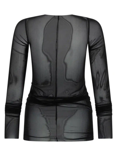 Rick Owens Long Sleeve Stretch Sheer Round Neck Top In Black