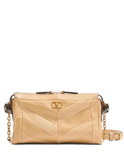 Valentino Garavani Panthea Small Shoulder Bag In Nappa Leather With A Chevron Pattern In Brown