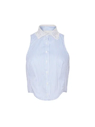 Fleur Du Mal Embroidered-collar Striped Bib Top In Blue