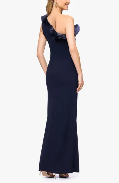 Betsy & Adam Organza Ruffle One-shoulder Scuba Crepe Gown In Blue