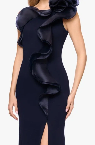 Betsy & Adam Organza Ruffle One-shoulder Scuba Crepe Gown In Blue