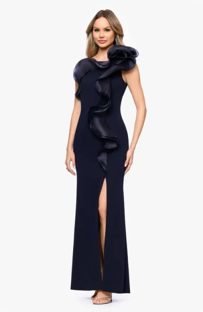 Betsy & Adam Organza Ruffle One-shoulder Scuba Crepe Gown In Blue