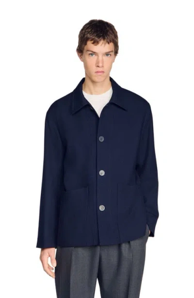 Sandro Fw26 Henry Buttoned Wool Worker Jacket In Blue