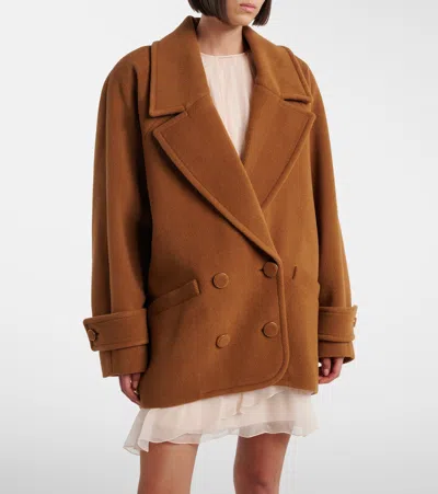 Chloé Double-breasted Short Coat In Herringbone Wool In Brown