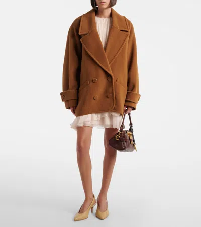 Chloé Double-breasted Short Coat In Herringbone Wool In Brown
