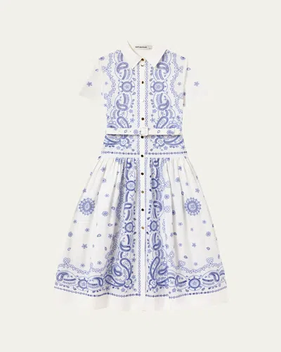 Self-portrait Embroidered Cotton Belted Midi Dress In Multi