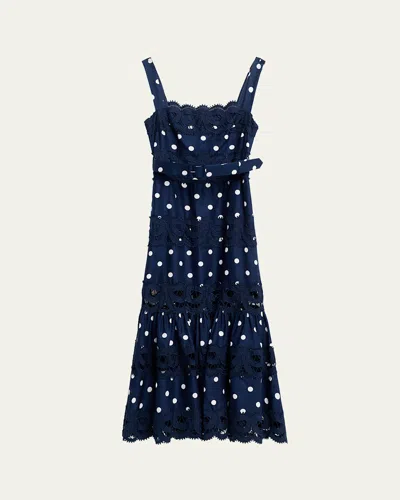 Self-portrait Belted Polka-dot Linen And Cotton-blend Midi Dress In Blue