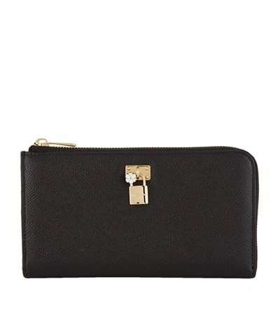 Dolce & Gabbana Dauphine Leather Zip-around Wallet With Padlock In Black/pink