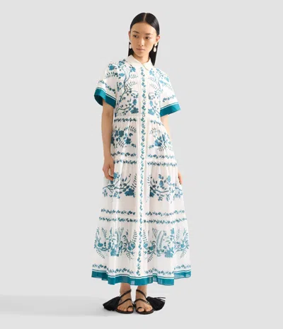 Erdem Womens Wild Fern Bot Dream Blue Botanical-print Tiered Cotton And Linen-blend Midi Shirt Dress In White