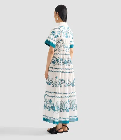 Erdem Womens Wild Fern Bot Dream Blue Botanical-print Tiered Cotton And Linen-blend Midi Shirt Dress In White