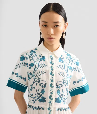 Erdem Womens Wild Fern Bot Dream Blue Botanical-print Tiered Cotton And Linen-blend Midi Shirt Dress In White