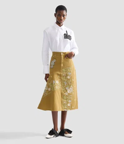 Erdem Embellished Embroidered Denim Midi Skirt In Brown