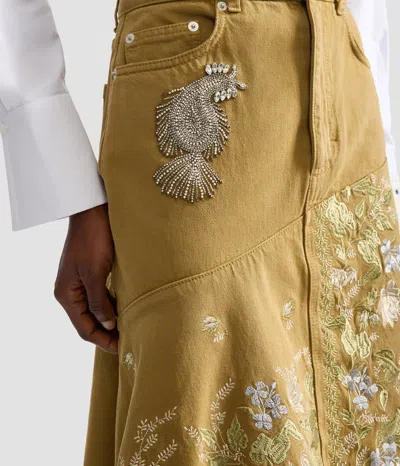 Erdem Embellished Embroidered Denim Midi Skirt In Brown