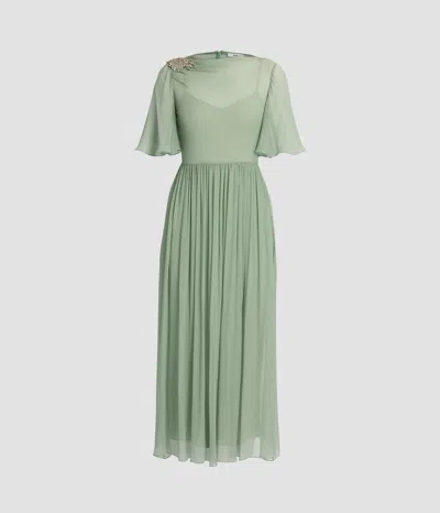 Erdem Embellished Silk Creponne Short Sleeve Midi Dress In Green