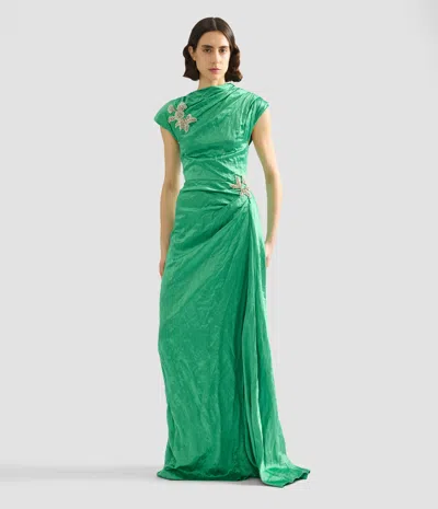 Erdem Womens Sea Green Draped Embellished Satin Maxi Gown