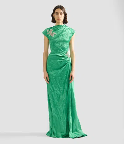Erdem Womens Sea Green Draped Embellished Satin Maxi Gown