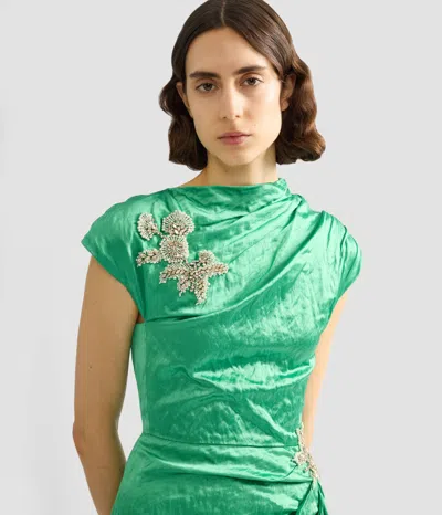 Erdem Womens Sea Green Draped Embellished Satin Maxi Gown
