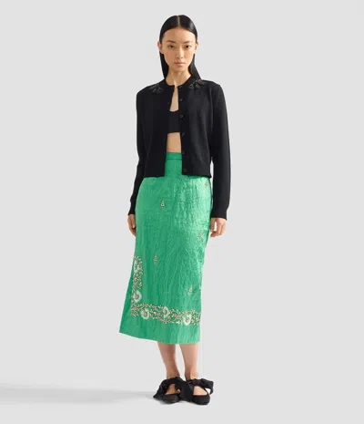 Erdem Womens Sea Green Embellished Textured Satin Pencil Midi Skirt