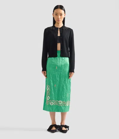 Erdem Womens Sea Green Embellished Textured Satin Pencil Midi Skirt