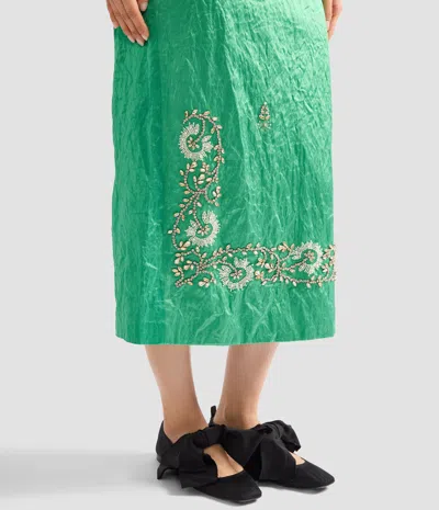 Erdem Womens Sea Green Embellished Textured Satin Pencil Midi Skirt