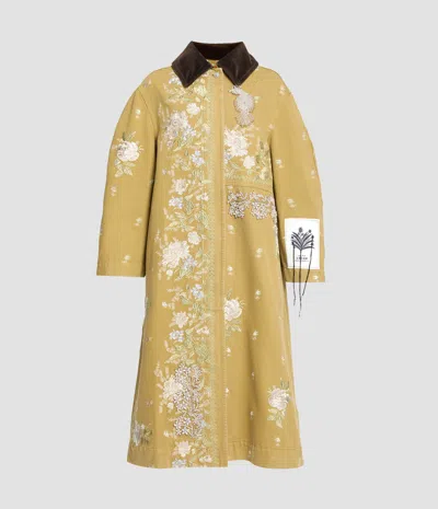 Erdem Embellished Corduroy-trimmed Embroidered Denim Coat In Brown