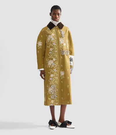 Erdem Embellished Corduroy-trimmed Embroidered Denim Coat In Brown