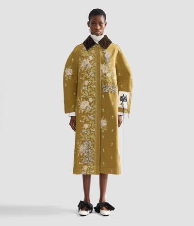 Erdem Embellished Corduroy-trimmed Embroidered Denim Coat In Brown