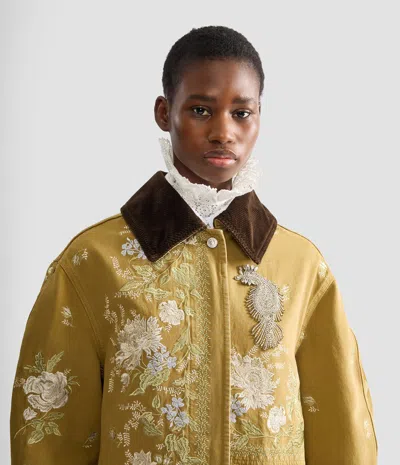 Erdem Embellished Corduroy-trimmed Embroidered Denim Coat In Brown