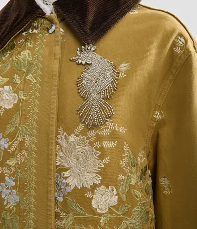 Erdem Embellished Corduroy-trimmed Embroidered Denim Coat In Brown