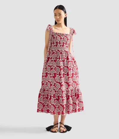 Erdem Floral Embroidered Tiered Cotton Blend Midi Sundress In Red