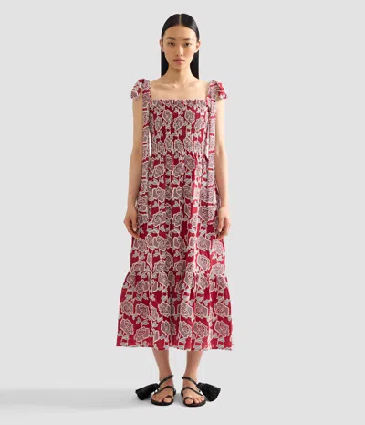 Erdem Floral Embroidered Tiered Cotton Blend Midi Sundress In Red