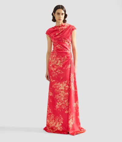 Erdem Floral Print Duchess Draped Gown In Red