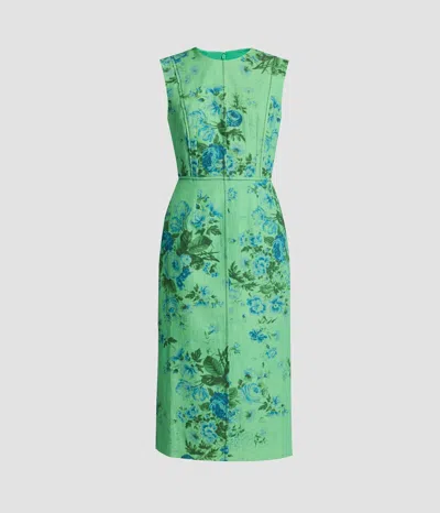 Erdem Floral Print Sleeveless Linen Midi Pencil Dress In Green