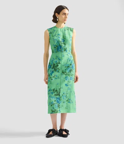 Erdem Floral Print Sleeveless Linen Midi Pencil Dress In Green