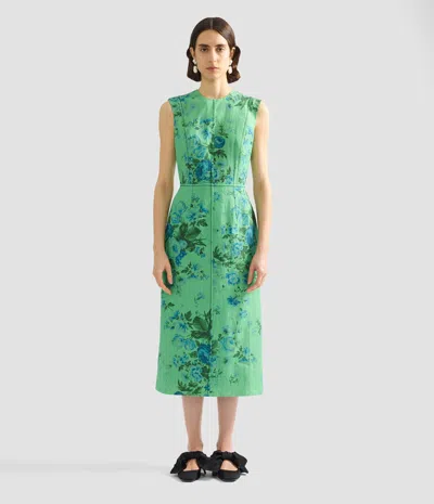 Erdem Floral Print Sleeveless Linen Midi Pencil Dress In Green