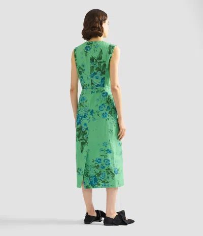 Erdem Floral Print Sleeveless Linen Midi Pencil Dress In Green