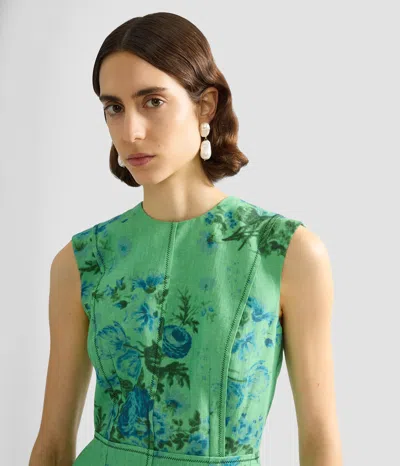 Erdem Floral Print Sleeveless Linen Midi Pencil Dress In Green