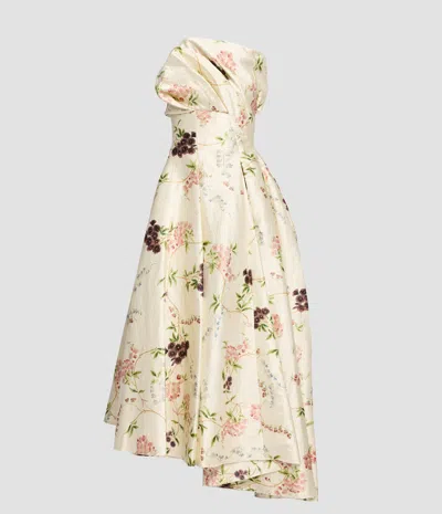 Erdem Strapless Floral-print Textured Satin Gown In Neutral