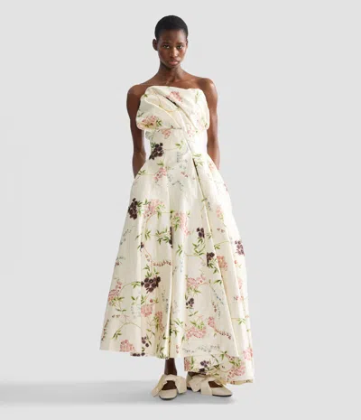 Erdem Strapless Floral-print Textured Satin Gown In Neutral