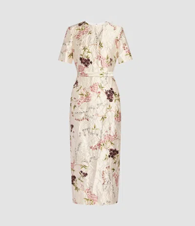 Erdem Floral Print Textured Satin Midi Pencil Dress In Neutral