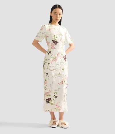 Erdem Floral Print Textured Satin Midi Pencil Dress In Neutral