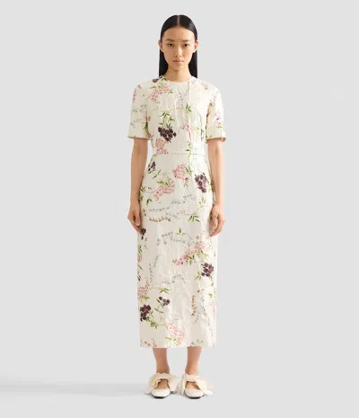 Erdem Floral Print Textured Satin Midi Pencil Dress In Neutral