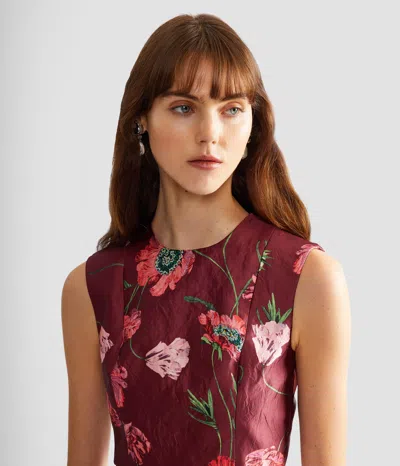 Erdem Floral-print Crinkled Satin Cropped Top In Burgundy